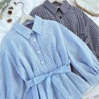 Check Bow-tie Lace-up Puff-sleeve Top