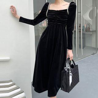 Square-neck Shirred Velvet Midi A-line Dress