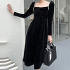 Square-neck Shirred Velvet Midi A-line Dress