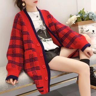 Plaid Buttoned Long Cardigan