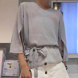 3/4-sleeve V-neck Top With Sash