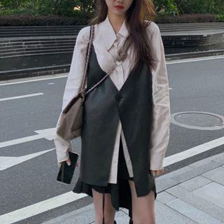 Plain Shirt / Single-button Faux Leather Vest