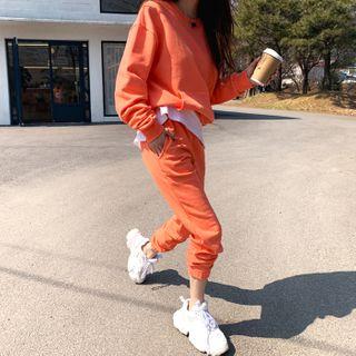 Set: Kangaroo-pocket Sweatshirt + Jogger Pants Orange - One Size