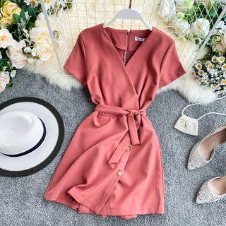 Short-sleeve Tie-front Wide Leg Playsuit