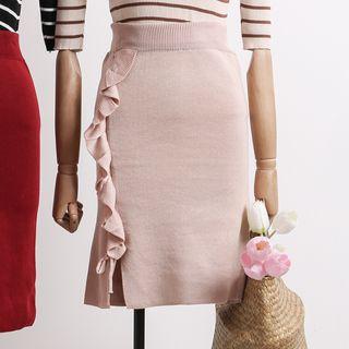 Ruffled-trim Knit Pencil Skirt