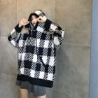 Houndstooth Loose-fit Hooded Pullover As Figure - One Size