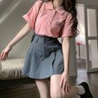 Short-sleeve Lettering Polo Shirt / Striped Mini A-line Skirt
