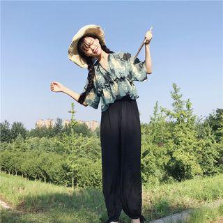 Printed Short Sleeve Shirt / Wide Leg Pants