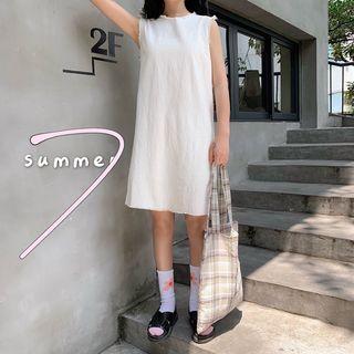 Distressed Sleeveless Dress + Plaid Tote