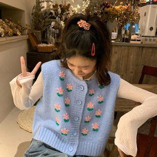 Floral Single-breasted Sweater Vest Light Blue - One Size