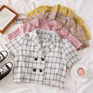 Double-breasted Lapel Plaid Crop Shirt