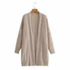 Open-front Cable Knit Long Cardigan Khaki - One Size