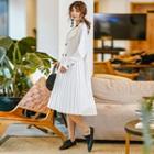 Long-sleeve Double Breasted Midi Pleated Dress