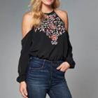 Embroidered Cutaway-shoulder Blouse