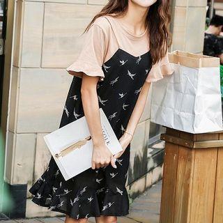 Print Short-sleeve Mock Two-piece Dress