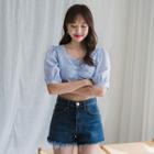 Puff-sleeve Shirred-front Cropped Top