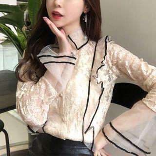 Lace Mesh Long-sleeve Slim-fit Blouse