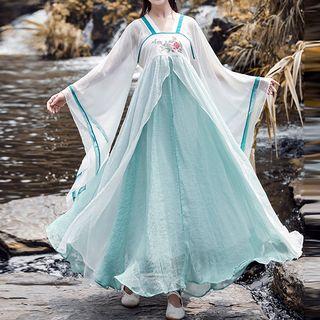 Flower Embroidered Long-sleeve Maxi Traditional Chinese Dress