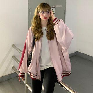 Striped Trim Zipped Jacket Pink - One Size