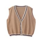 Contrast Trim Button-up Sweater Vest Khaki - One Size