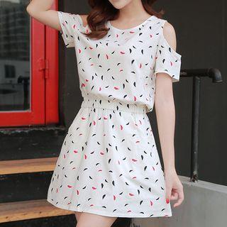 Printed Cut Out Shoulder Short Sleeve Dress
