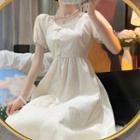 Puff-sleeve Faux Pearl Frog-button Midi A-line Dress