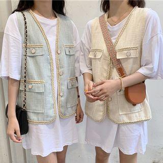 Buttoned Vest / Elbow-sleeve Oversized T-shirt Dress