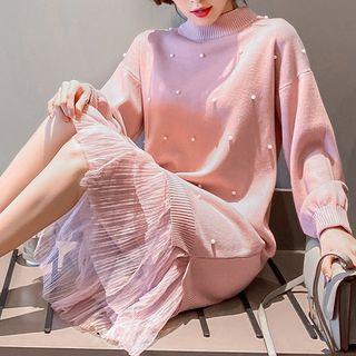 Lantern-sleeve Midi Mesh Knit Dress