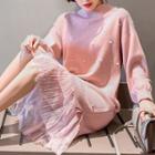 Lantern-sleeve Midi Mesh Knit Dress