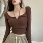 Long-sleeve Metal-accent Fitted Crop Top