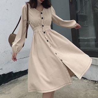 Buttoned Long-sleeve A-line Midi Dress