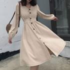 Buttoned Long-sleeve A-line Midi Dress