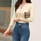 Button-front Rib-knit Top Beige - One Size