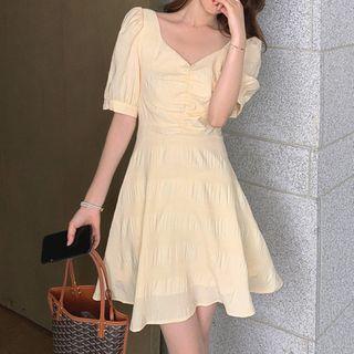 Cross-back Ruched Puff-sleeve Mini A-line Dress