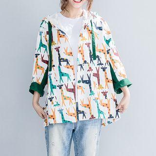 3/4-sleeve Printed Zip Jacket White - One Size