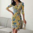 3/4-sleeve Floral Print Wrap Dress