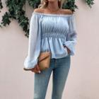 Long-sleeve Off-shoulder Mesh Ruffle-trim Crop Top