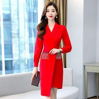 Collared Asymmetric Hem Midi Sheath Dress