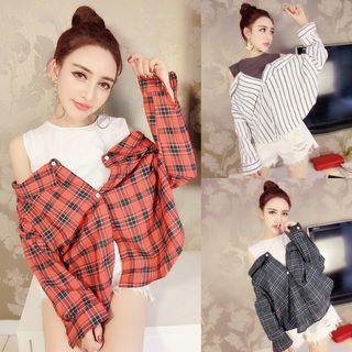 Mock Two Piece Cutout Shoulder Blouse