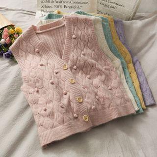 Pompom-accent Button-down Knit Vest In 5 Colors
