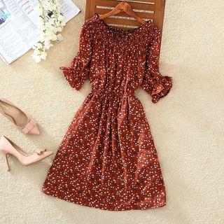Floral Print Off Shoulder Short Sleeve Chiffon Dress