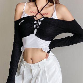 Set: Lace-up Long-sleeve Cropped Halter Top + Ruffle-trim Cropped Camisole Top