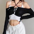 Set: Lace-up Long-sleeve Cropped Halter Top + Ruffle-trim Cropped Camisole Top