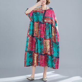 Short-sleeve Printed Midi Dress Red & Green - One Size