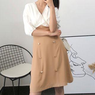 Lantern-sleeve V-neck Two-tone Dress