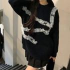 Long-sleeve Lace Trim Knit Sweater / High-waist Plain Pleated A-line Mini Skirt