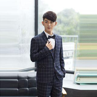Suit Set: Plaid Buttoned Blazer + Plaid Dress Pants + Bow Tie