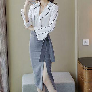 Set: Contrast Trim Shirt + Midi Slit Pencil Skirt