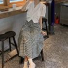 Short-sleeve Twisted Blouse / Plaid A-line Midi Skirt