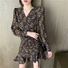 Long-sleeve V-neck Drawstring Floral Printed Dress